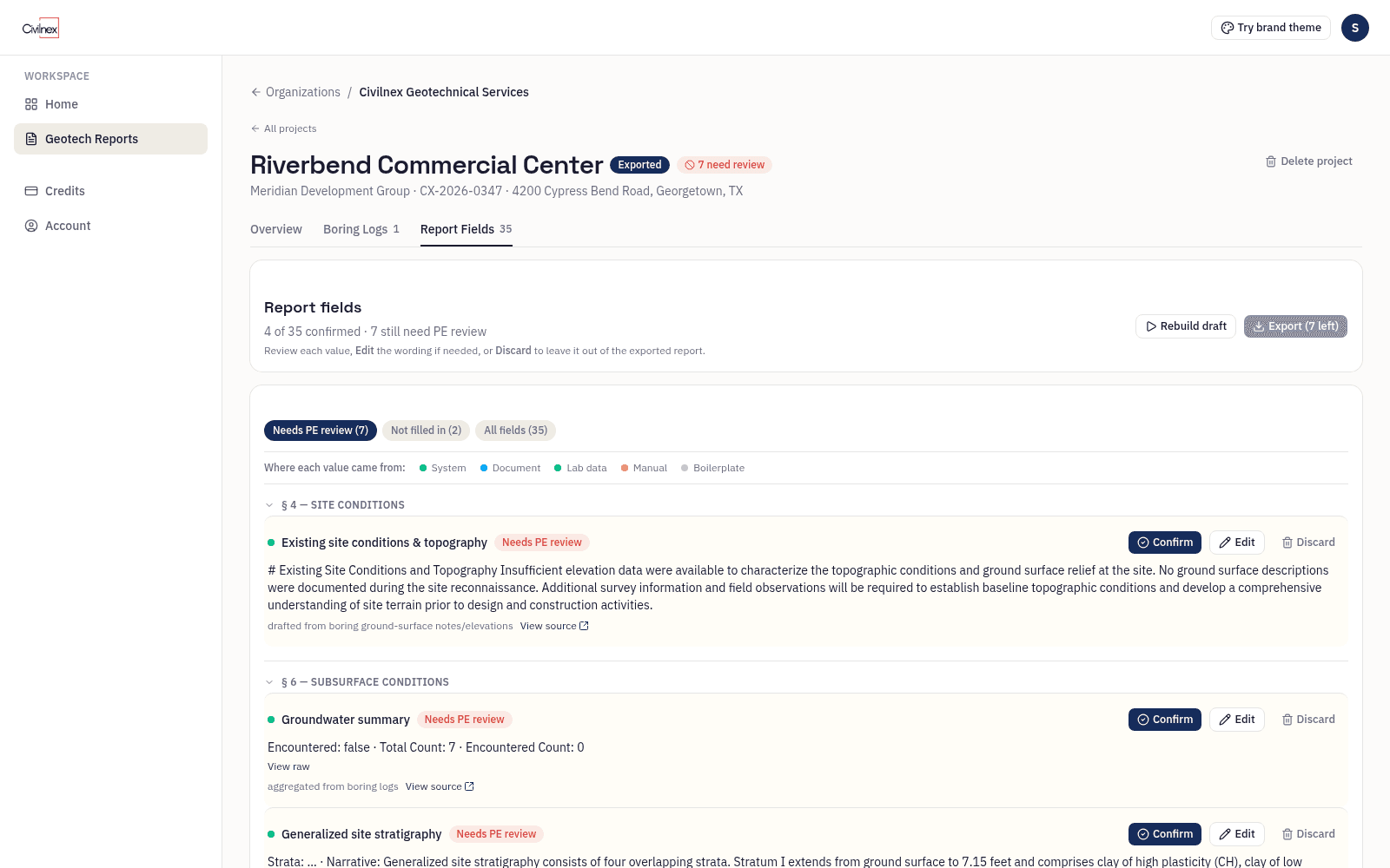Export blocked with the list of unresolved mandatory-review fields
