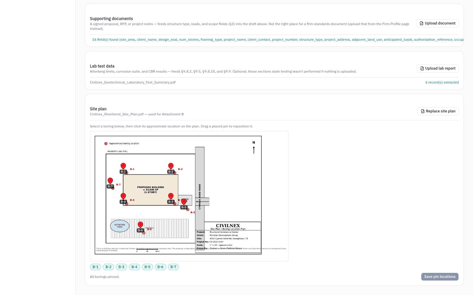 Generated site plan with boring pins placed on the firm's uploaded plan