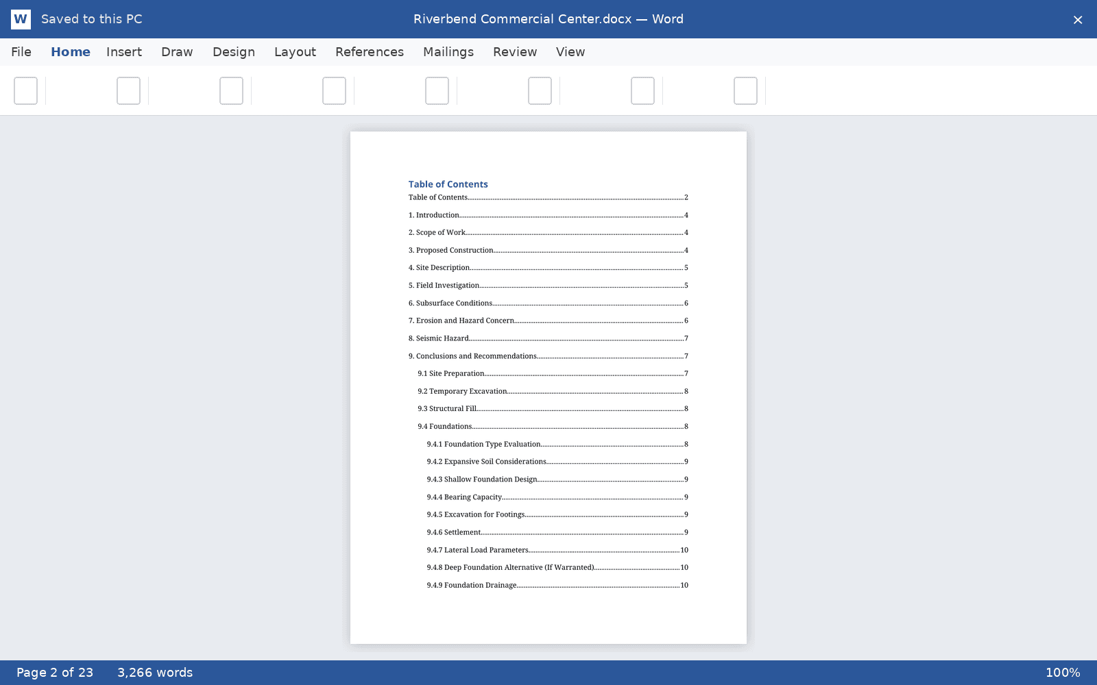 Exported Report Studio draft open in Microsoft Word with the table of contents visible